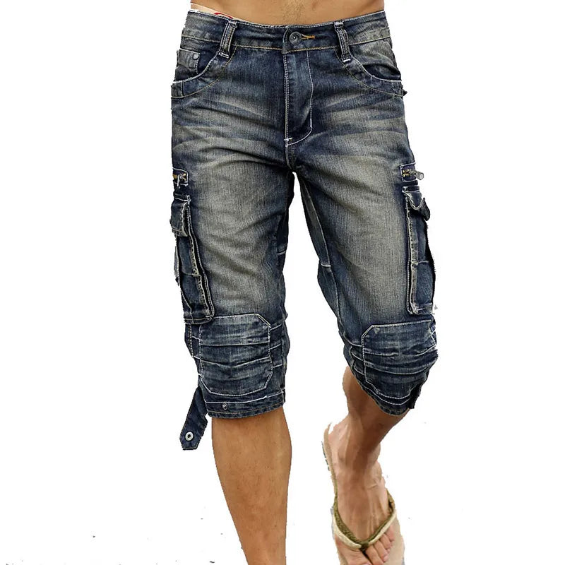 Idopy Casual Men's Cargo Denim Shorts Retro Vintage Washed Slim Fit Jean Multi-Pockets Military Biker Trousers For Male