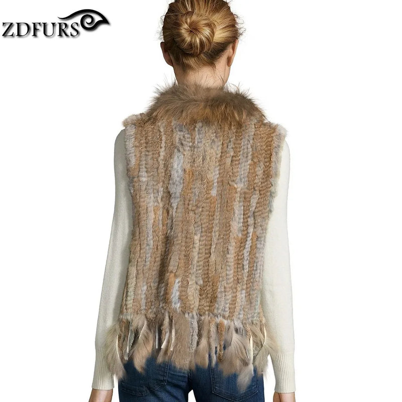 ZDFURS * high quality  hot sale knitted rabbit fur vest raccoon dog fur collar  knitted vest rabbit fur waistcoat   ZDKR-165005