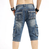 Idopy Casual Men's Cargo Denim Shorts Retro Vintage Washed Slim Fit Jean Multi-Pockets Military Biker Trousers For Male