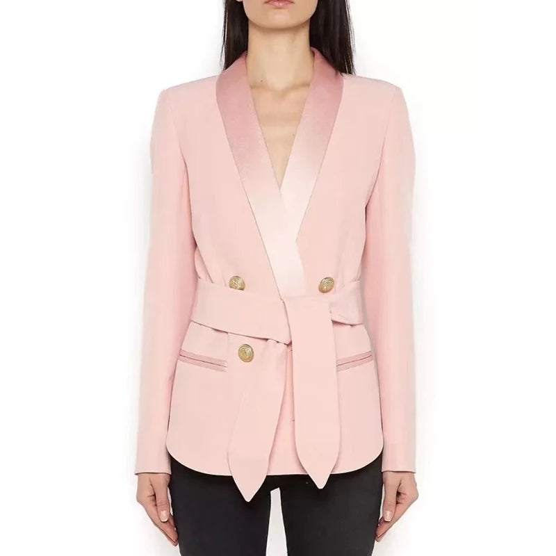 HIGH STREET Newest Fashion 2024 Designer Blazer Women's Shawl Collar Double Breasted Metal Buttons Belt Blazer Jacket