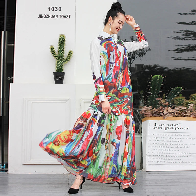 S-4XL High Quality Boho Hippie Temperament Retro Holiday Leisure Long Sleeved Beach Women Dress 2019 The New Summer Maxi Dress