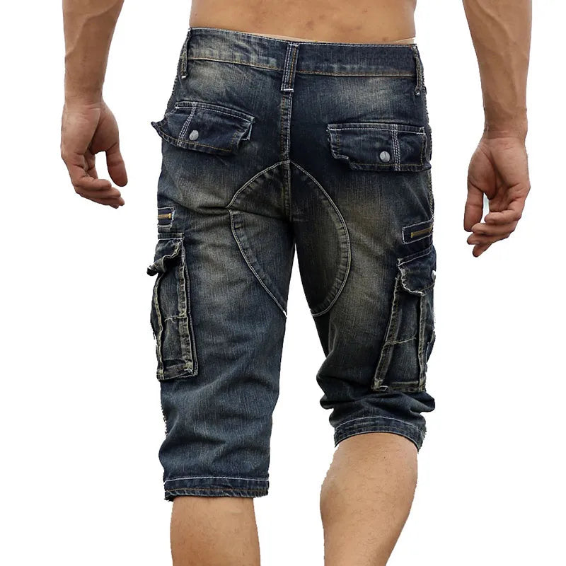 Idopy Casual Men's Cargo Denim Shorts Retro Vintage Washed Slim Fit Jean Multi-Pockets Military Biker Trousers For Male