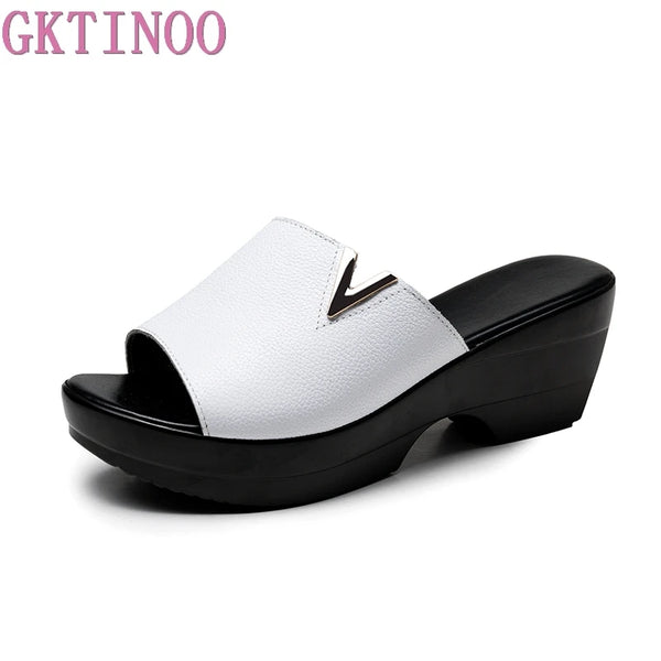 GKTINOO 2024 Summer Women Slippers Genuine Leather Thick Soled Flip Flops Shoes Women Wedges Slippers Black White Slides Sandals