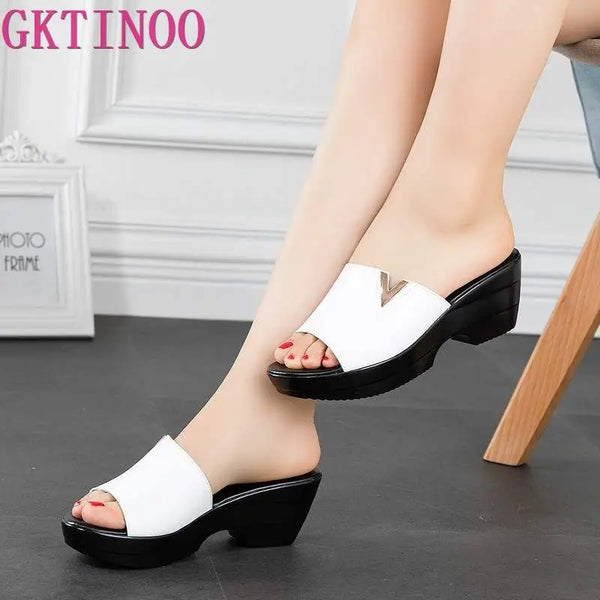 GKTINOO 2024 Summer Women Slippers Genuine Leather Thick Soled Flip Flops Shoes Women Wedges Slippers Black White Slides Sandals