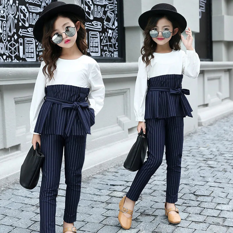 2024 Spring School Kids Set Striped Outfits Top Shirts & Pants Suits Girl Clothing Sets Patchwork Teen Clothes For Girls Autumn