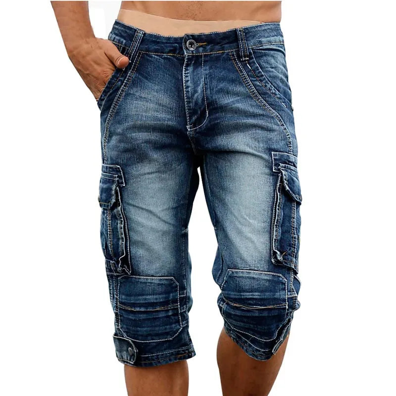 Idopy Casual Men's Cargo Denim Shorts Retro Vintage Washed Slim Fit Jean Multi-Pockets Military Biker Trousers For Male