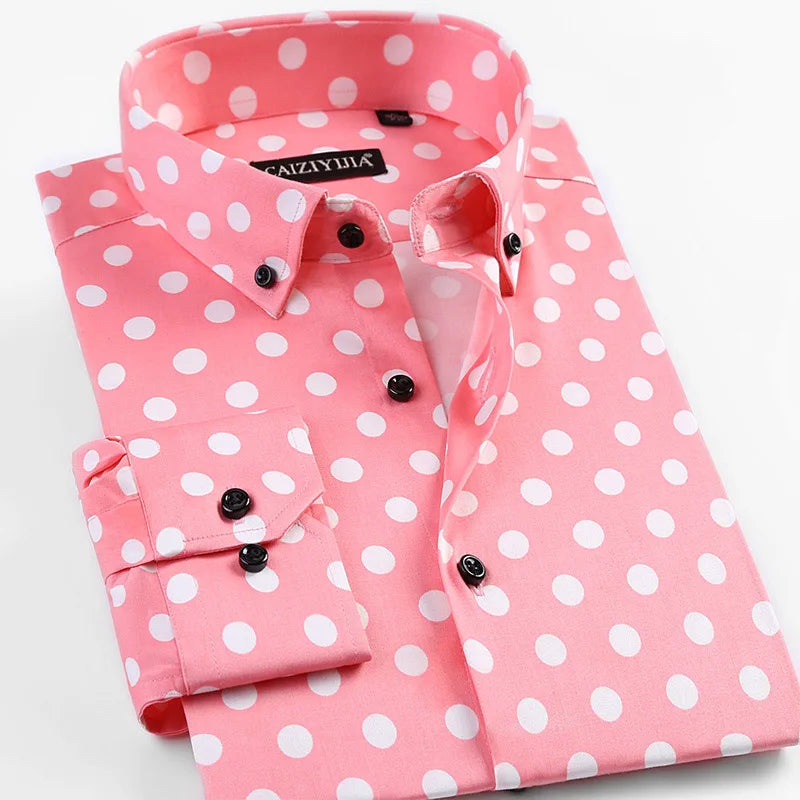 Men's Polka Dot Printing Long Sleeve Shirt Fashion Male Dress Shirts Casual Formal Cotton Black White Dots Youth Clothing