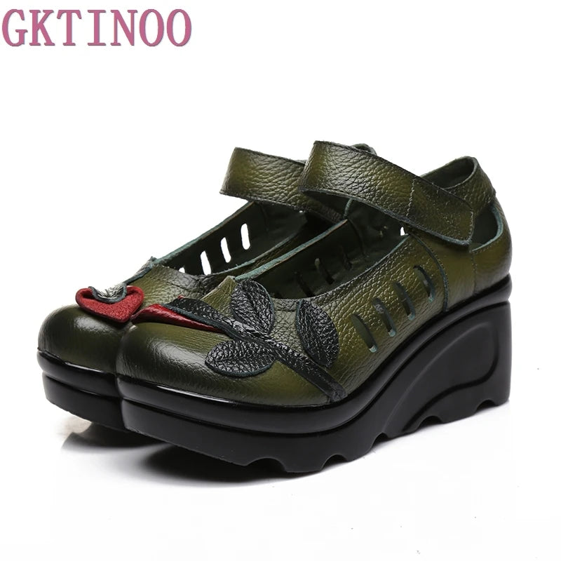 Handmade 2024 Spring Autumn Ethnic Comfortable Women Wedges Genuine Leather Women's Shoes round toe Platform high heels pumps