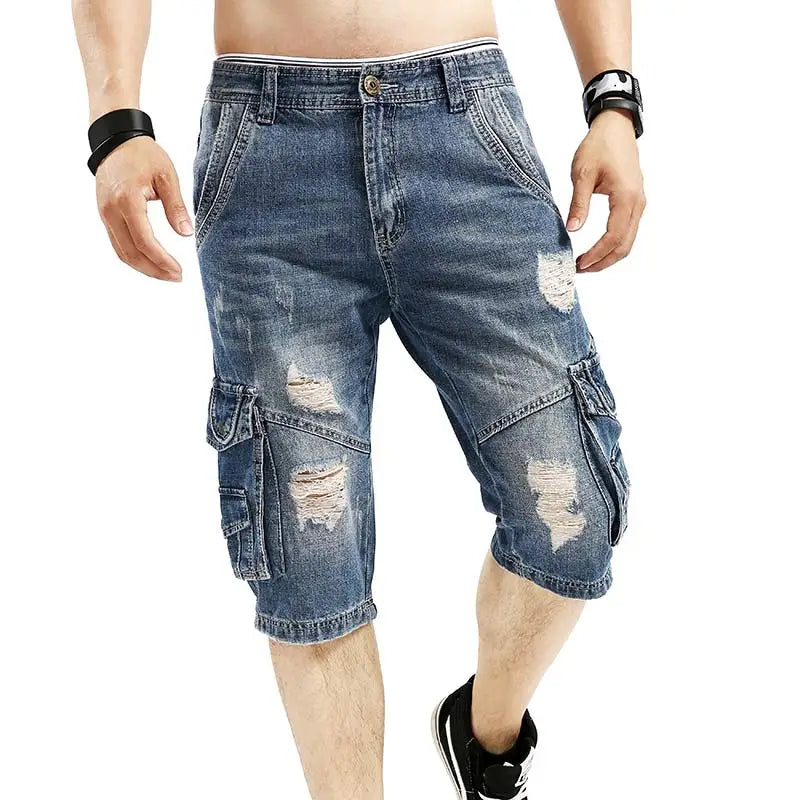 Idopy Casual Men's Cargo Denim Shorts Retro Vintage Washed Slim Fit Jean Multi-Pockets Military Biker Trousers For Male