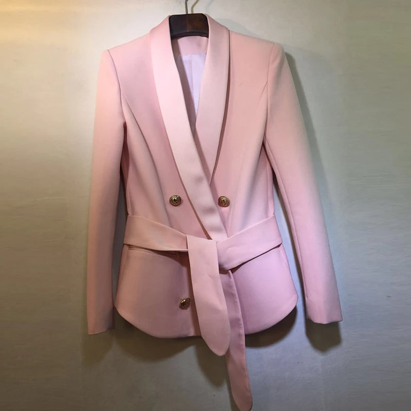 HIGH STREET Newest Fashion 2024 Designer Blazer Women's Shawl Collar Double Breasted Metal Buttons Belt Blazer Jacket