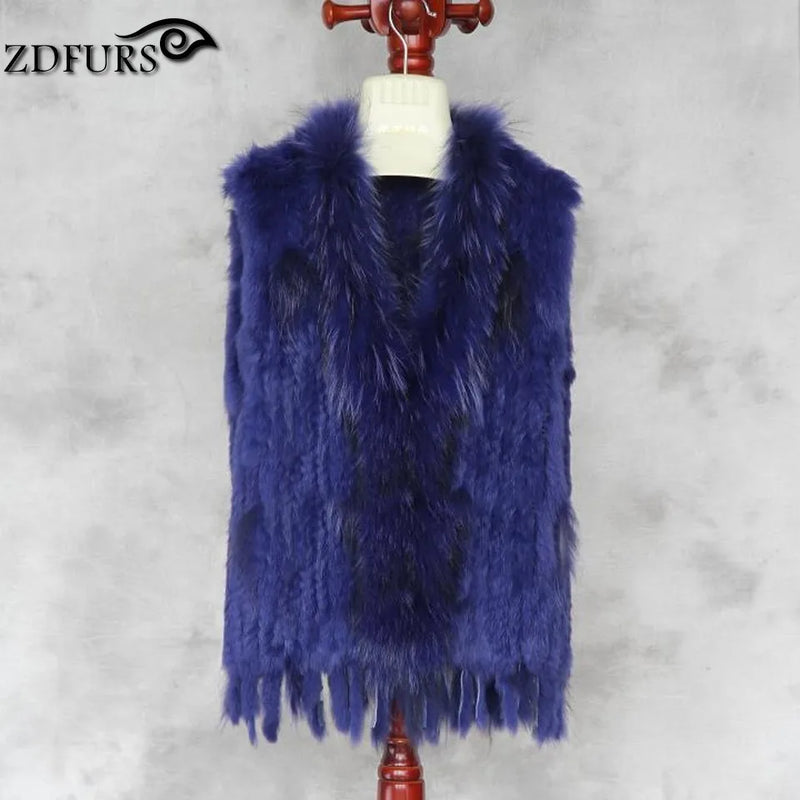 ZDFURS * high quality  hot sale knitted rabbit fur vest raccoon dog fur collar  knitted vest rabbit fur waistcoat   ZDKR-165005