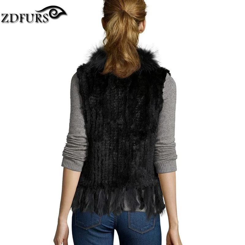 ZDFURS * high quality  hot sale knitted rabbit fur vest raccoon dog fur collar  knitted vest rabbit fur waistcoat   ZDKR-165005