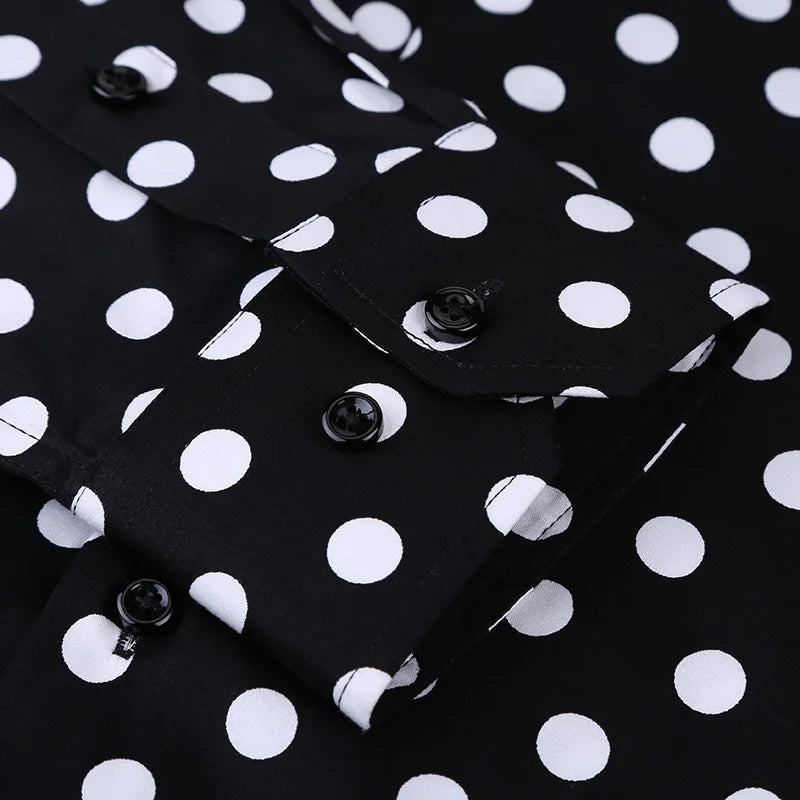 Men's Polka Dot Printing Long Sleeve Shirt Fashion Male Dress Shirts Casual Formal Cotton Black White Dots Youth Clothing