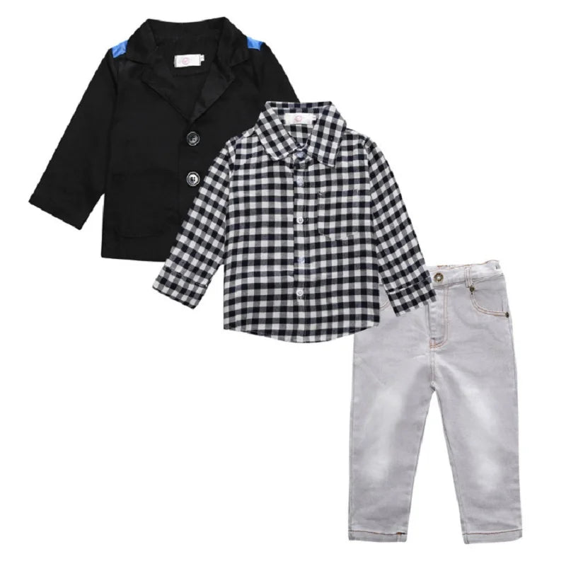 Hooyi Boys 3-Pieces Clothes Suits Children Fashion Set Kids Jacket + Shirt + Jean Baby Boy's Outfits Coat Plaid Shirts Trouser