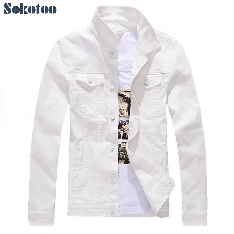 Sokotoo Men's Slim Full Sleeve All Match Denim Jean Jacket Casual Black White Fancy Coloured Coat Outerwear