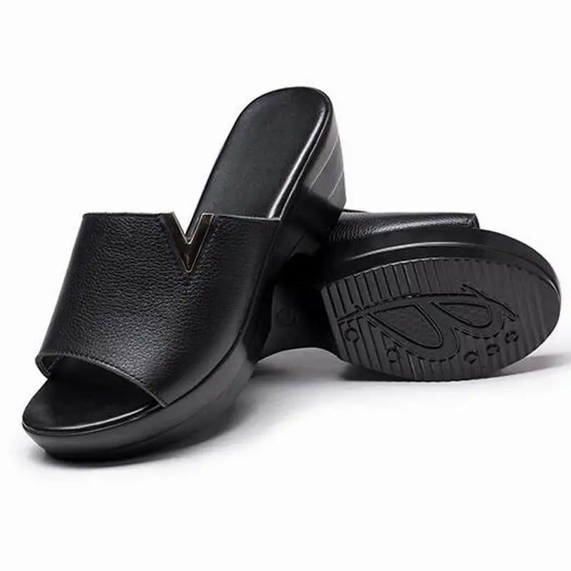 GKTINOO 2024 Summer Women Slippers Genuine Leather Thick Soled Flip Flops Shoes Women Wedges Slippers Black White Slides Sandals