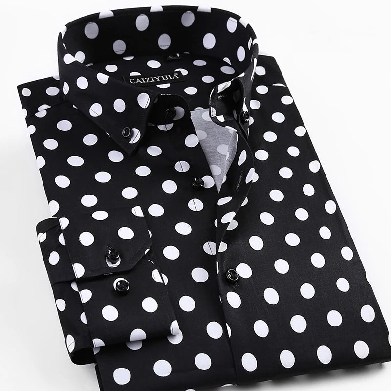 Men's Polka Dot Printing Long Sleeve Shirt Fashion Male Dress Shirts Casual Formal Cotton Black White Dots Youth Clothing