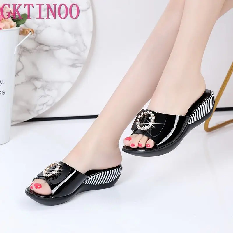 GKTINOO Genuine Leather Slippers 2024 New Fashion Antiskid Summer Shoes Women's Bowknot Rhinestone Sandals