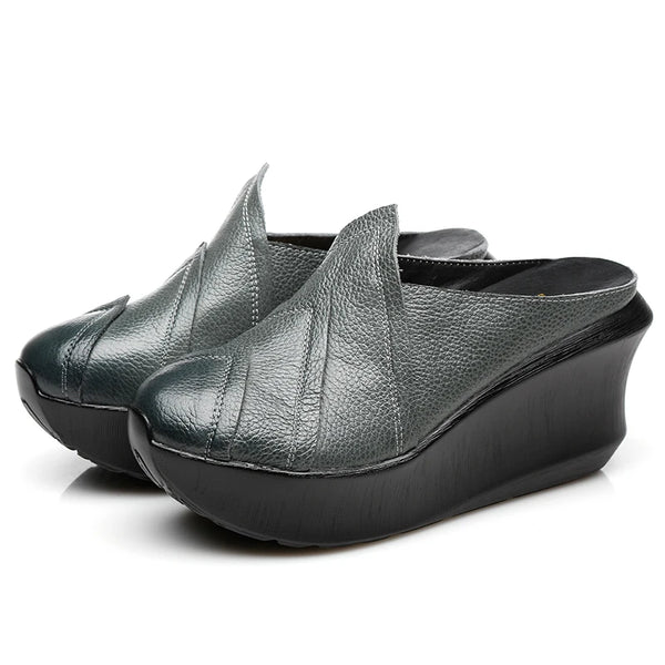 GKTINOO 2024 Genuine Leather Women Slippers 8 CM High Heels Wedges Summer Shoes Platform Retro Handmade Women Leather Slipper