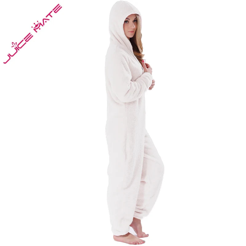 Winter Warm Pajamas Women Onesies Fluffy Fleece Jumpsuits Sleepwear Plus Size Hooded Stitch Pajamas Onesie For Women Adult