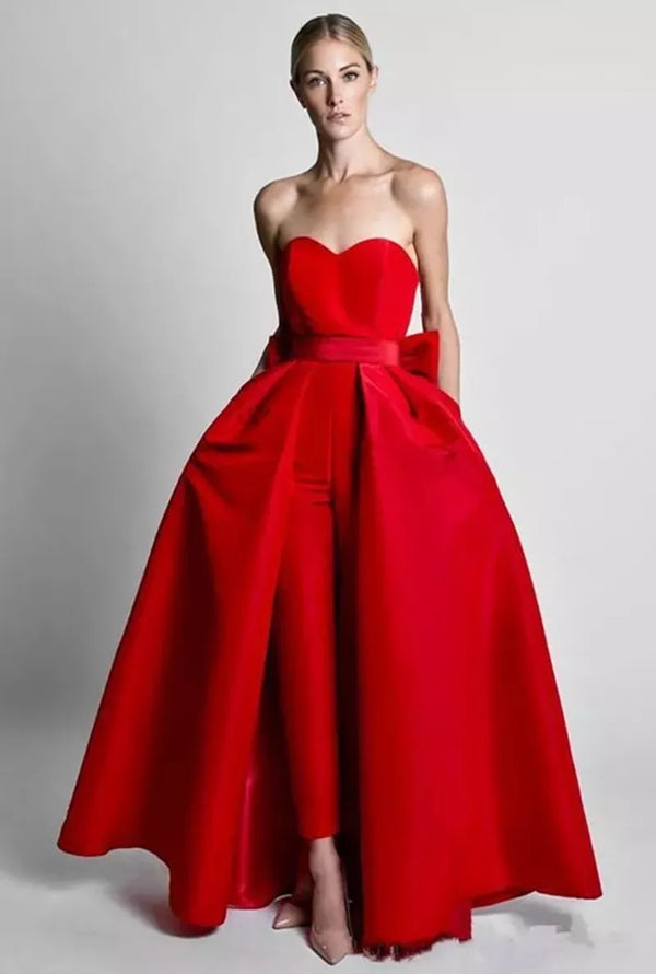 Evening Dresses With Detachable Skirt Sweetheart Formal Pants Suit Prom Party Gown With Bow Sleeveless