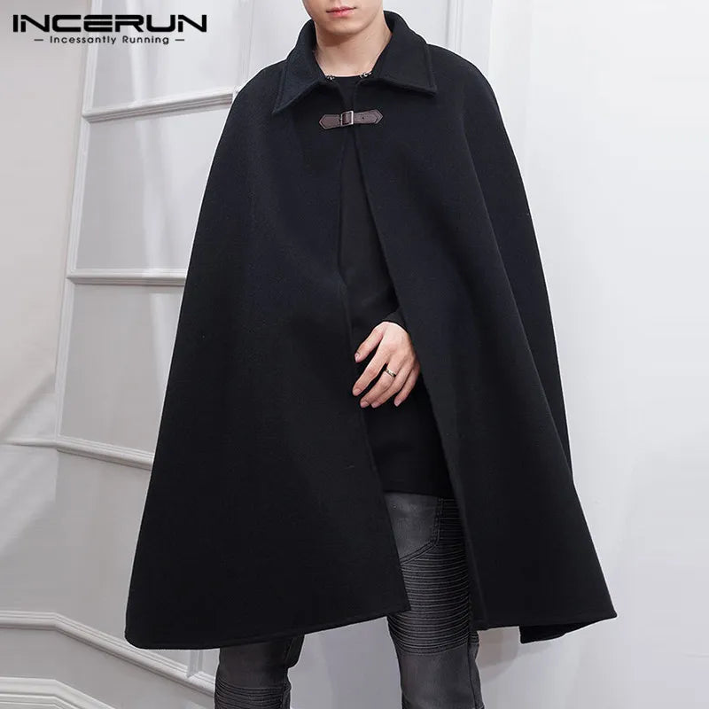 INCERUN Fashion Men Cloak Coats Solid Color One Button Lapel Cape Trench Streetwear Winter Faux Blends Overcoat Men Jackets