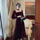 Women French Retro Vintage Square Collar Waist Office Lady Wine Red Golden Velvet Autumn and Winter Female Clothing