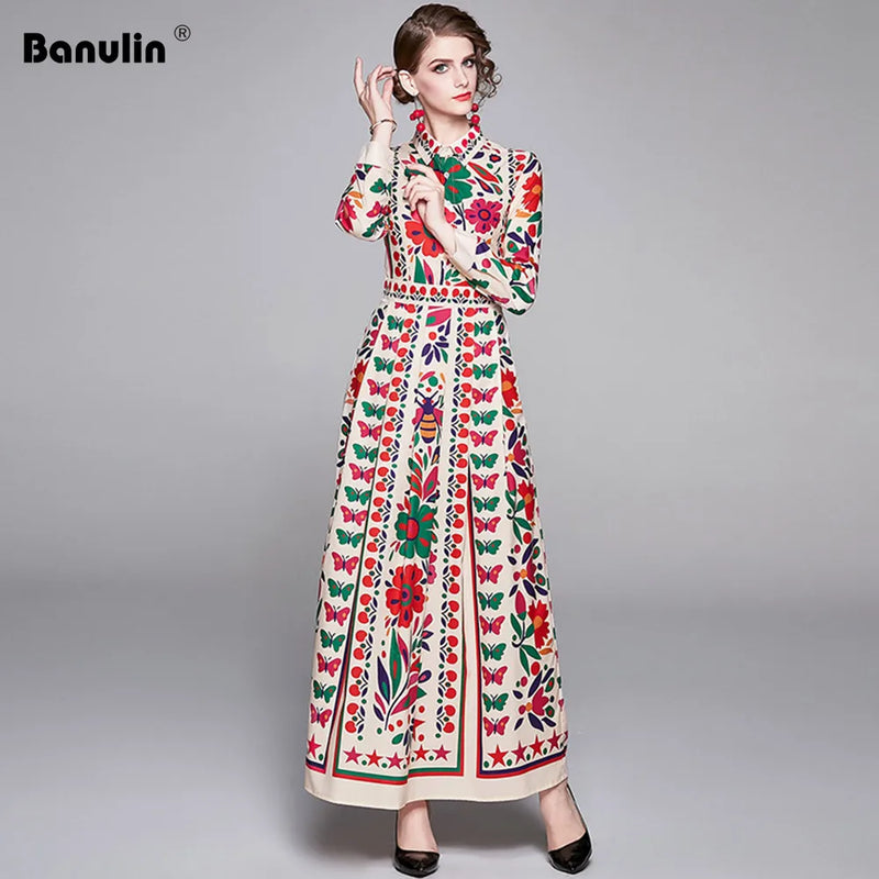 Banulin New 2024 Spring Long Maxi Dress Women's Turn Down Neck Long Sleeve Charming Floral Print Bohemia Casual Runway Dresses