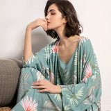 2024 Spring & Autumn Cartoon Sunflower Printed Women Sleepwear Light Blue Cotton Satin Pajamas Set Ladies Loose Thin Homewear