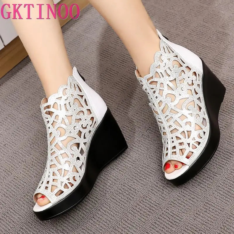 GKTINOO 2024 Summer New Fish Mouth Hollow Rhinestone Shoes Wedge Sandals High Heel Sandals Fashion Elegant Women Sandals