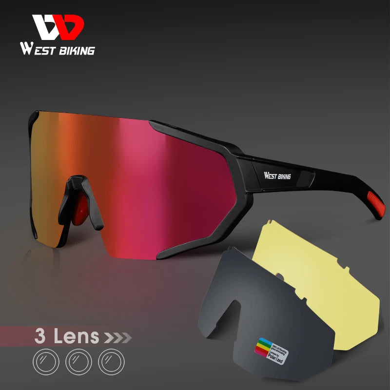 WEST BIKING Professional Polarized 3 Lens Cycling Glasses MTB Road Bike Sport Sunglasses Bike Eyewear UV400 Bicycle Goggles