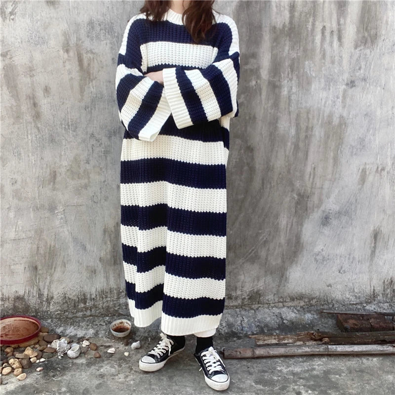 LANMREM Stripe Crew Neck Pullover Sweater Women 2024 autumn winter New Loose  Vintage Long Knit Dress Female PC442