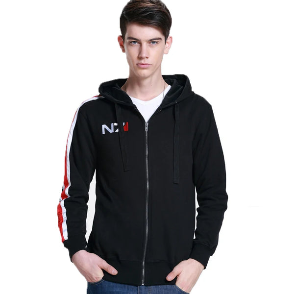 Cosplay N7 Mass Effect Zip Up Hoodie Men Black Anime Hooded Sweatshirt Women Embordery Fleece Thick Warm Sweetshirt Streetwear