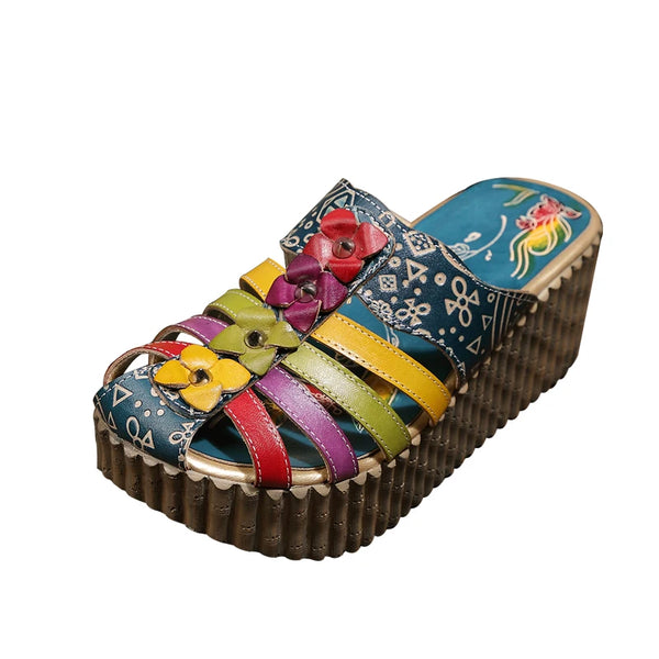 GKTINOO 2024 Summer New Hollow Out Handmade Shoes Women Slides Genuine Leather Cover Toes Flower Female Platform Wedges Slippers