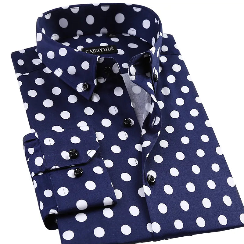 Men's Polka Dot Printing Long Sleeve Shirt Fashion Male Dress Shirts Casual Formal Cotton Black White Dots Youth Clothing