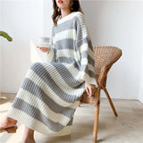 LANMREM Stripe Crew Neck Pullover Sweater Women 2024 autumn winter New Loose  Vintage Long Knit Dress Female PC442