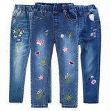 4-15T Girls Jeans For Teenage Kids Pants Children Denim Trousers Blue Stretch Embroidery Flowers Teen Clothes Spring Clothing