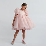 Fashion Girl Princess Vintage Dress Tulle Child Vestido Puff Sleeve Pink Wedding Party Birthday Tutu Dress Child Clothes 1-10Y