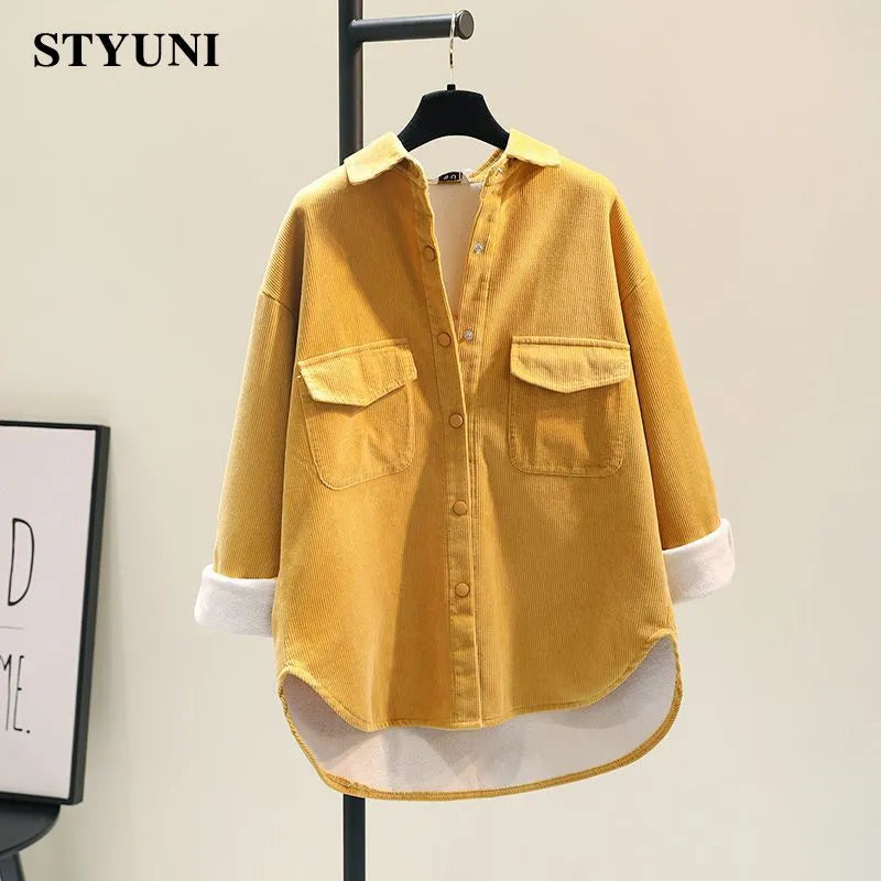 Yellow Corduroy Casual Turn-Down Collar Single Breasted Long Sleeve Women's Blouse Shirt Korean Fashion Female Clothing Autumn