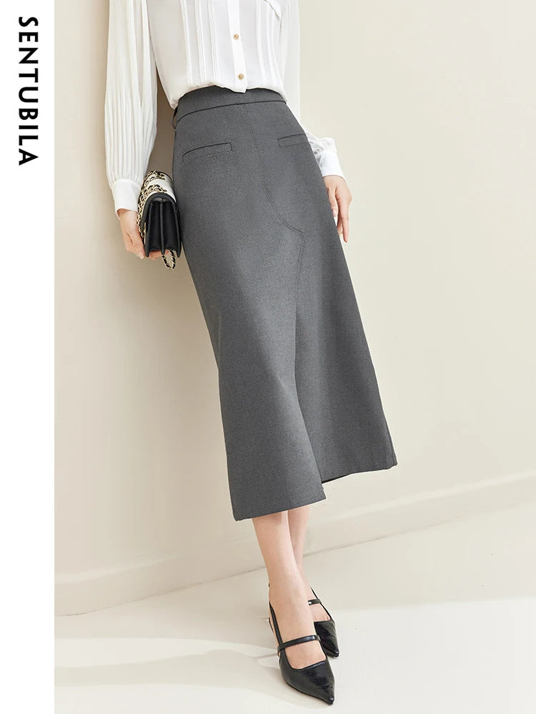 Sentubila Midi Split Grey Skirt for Women Autumn Elegant Solid Skirts with Slit Office Ladies Business Workwear