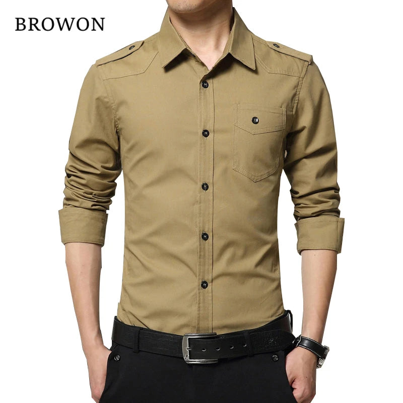 Men's epaulette Shirt Fashion Full Sleeve epaulet Shirt Military Style 100% Cotton Army Green Shirts with epaulets