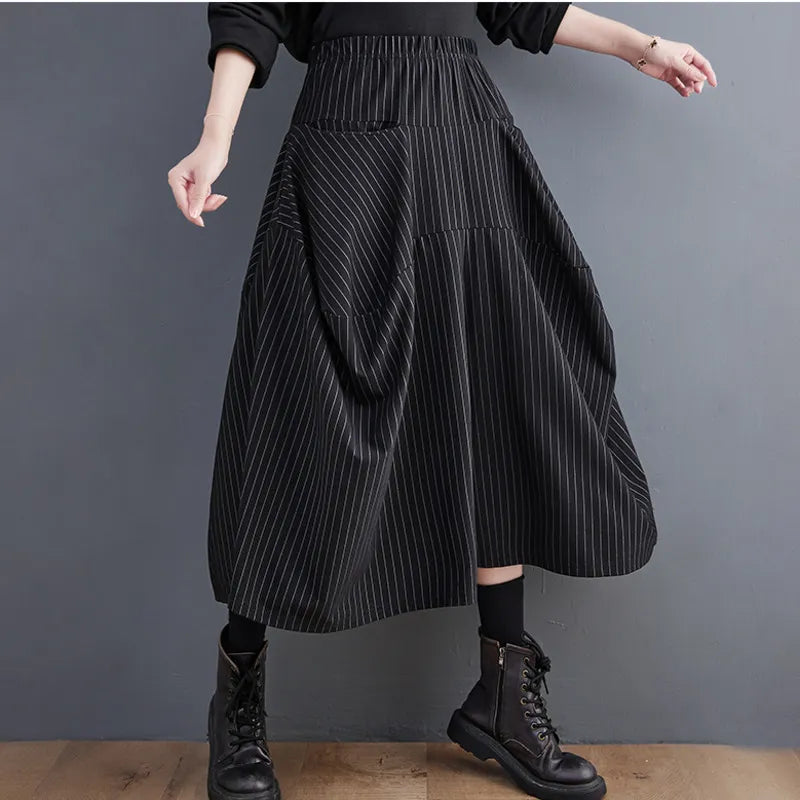 Vintage Striped Pants Women Loose Pockets Streetwear Vintage Wide Leg Pants Female Cross-pants Calf-length Loose Hip Hop