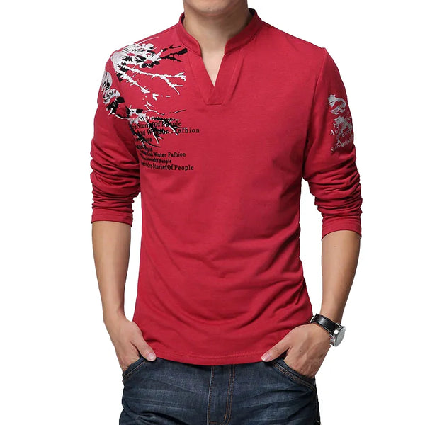 Trend Print Slim Fit Long Sleeve T Shirt Men Tee V-Neck Casual Men T-Shirt Cotton T Shirts Plus Size 5XL