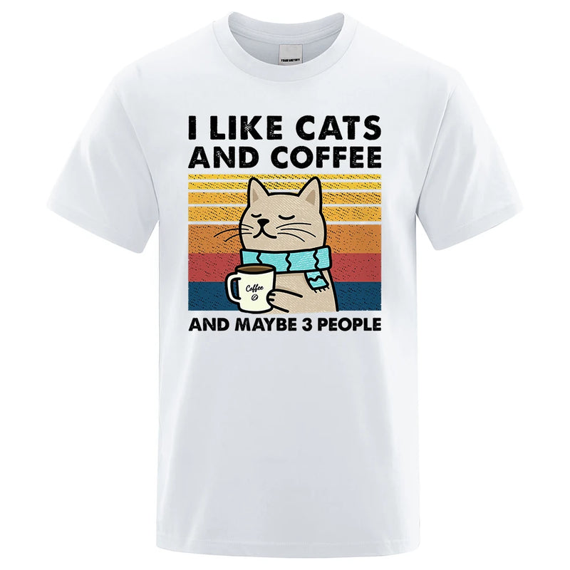 I Like Cats And Coffee Street Funny T-Shirt For Men Fashion Casual Loose Cotton Clothing Crewneck Breathable Tshirt Hip Hop Tees