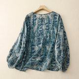 Blue Floral Print Vintage O-Neck Lantern Three Sleeve Loose Women's Blouse Shirt Korean Fashion Female Blouses