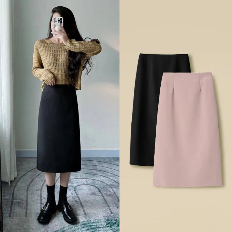 Office Lady Fashion Slim Solid Skirt Korean Clothing Spring Summer Streetwear New High Waist Elegant Straight Midi Casual Skirts