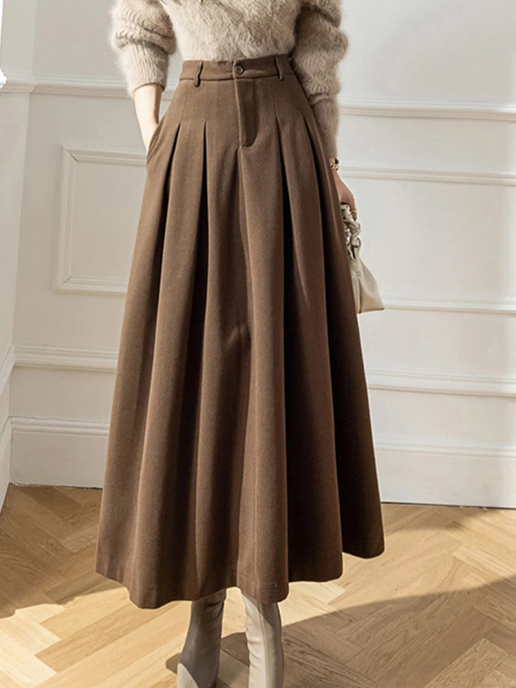 Woolen Maxi Skirt Women Autumn Winter Warm Skirts Ladies Casual Loose A-Line Skirt Female Korean Elegant Office Lady Long Skirt