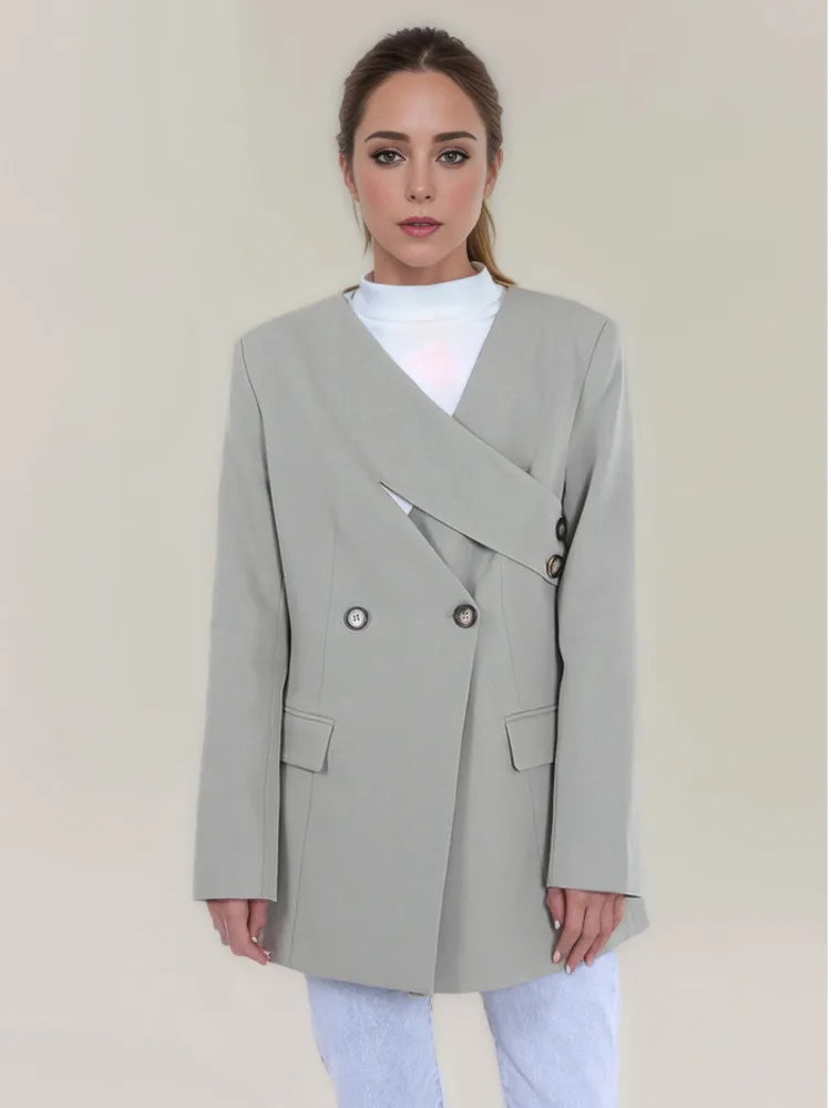 DEAT Fashion Women's Blazer V-neck Deconstruction Side Button Waist Long Sleeve Gray Suit Jackets Spring 2024 New Tide CPDB002