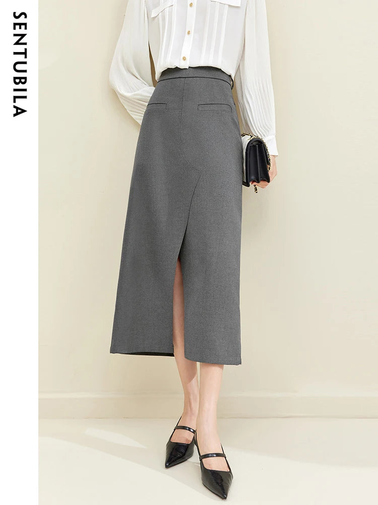 Sentubila Midi Split Grey Skirt for Women Autumn Elegant Solid Skirts with Slit Office Ladies Business Workwear