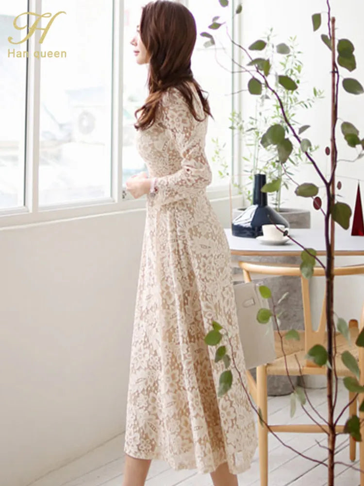 H Han Queen Temperate A-line Lace Dress Women Spring Full Sleeve Long Swing Dresses OL Special Occasion Evening Party Vestidos